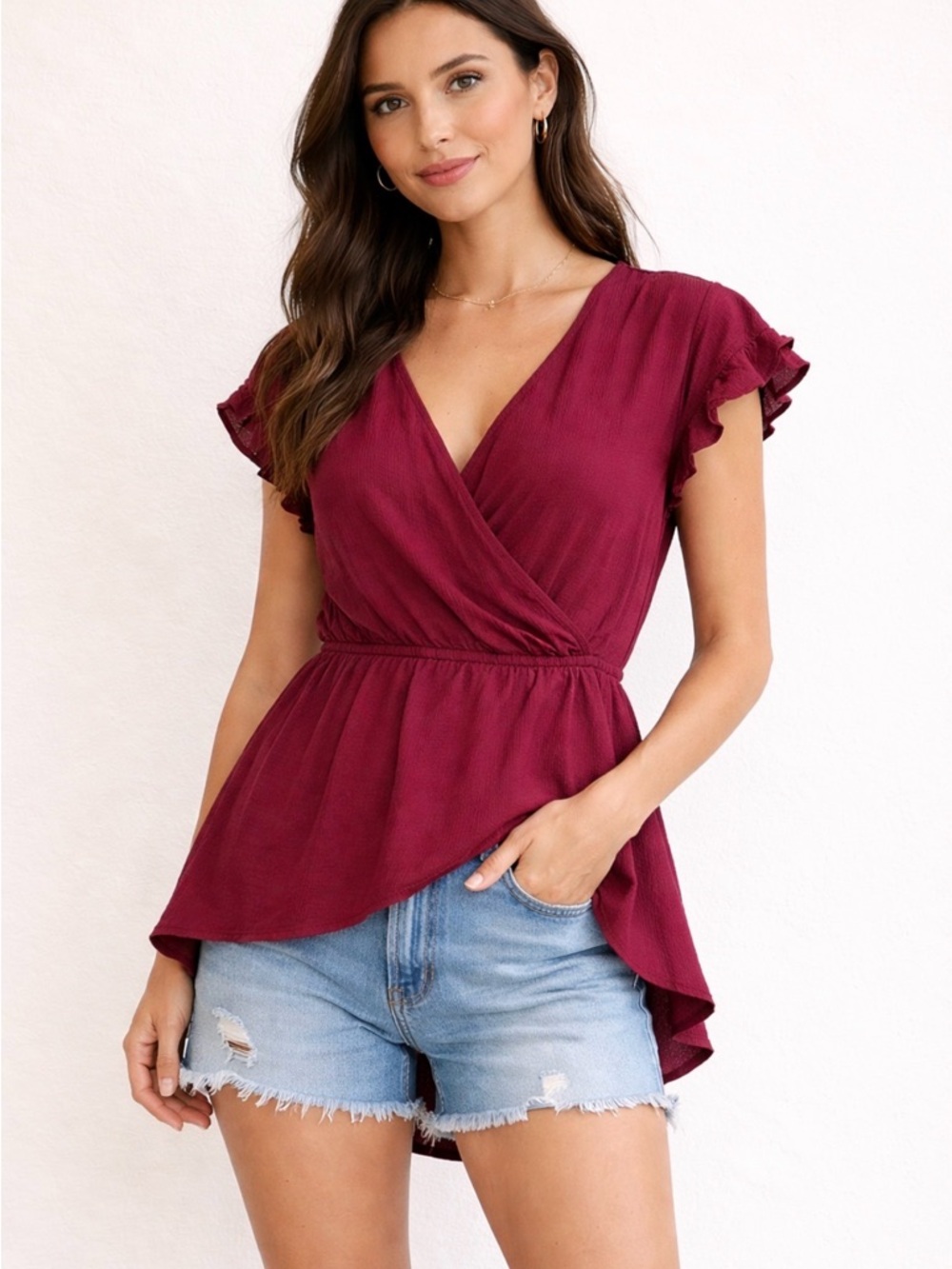 Anthropologie Burgundy Faux Wrap Top Flutter Sleeve High Low M
